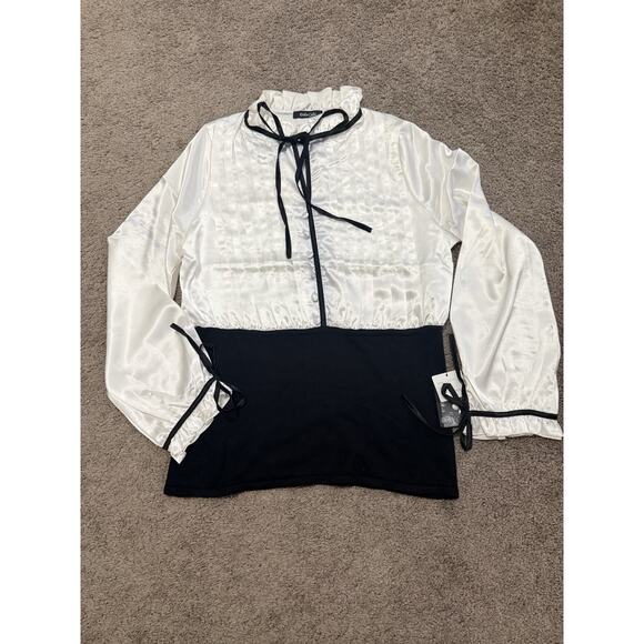 Dolce Cabo Tops - Romantic White Satiny Black Trim Bow Ties Medium Dolce Cabo Blouse NWT